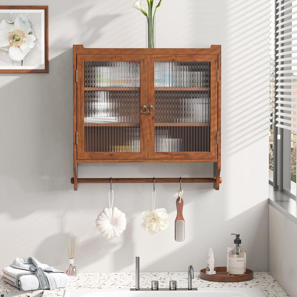 Wandkast - Opbergkast - Keuken Opbergen - Glazen Deuren - 60x63x18 cm - Bruin