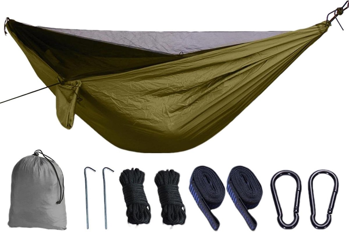 Campinghangmat met Vliegennet - Reishangmat Kampeerhangmat - Buiten Ontspannen - Ademend Hoogwaardig Gaas - 270x140 cm - Khaki