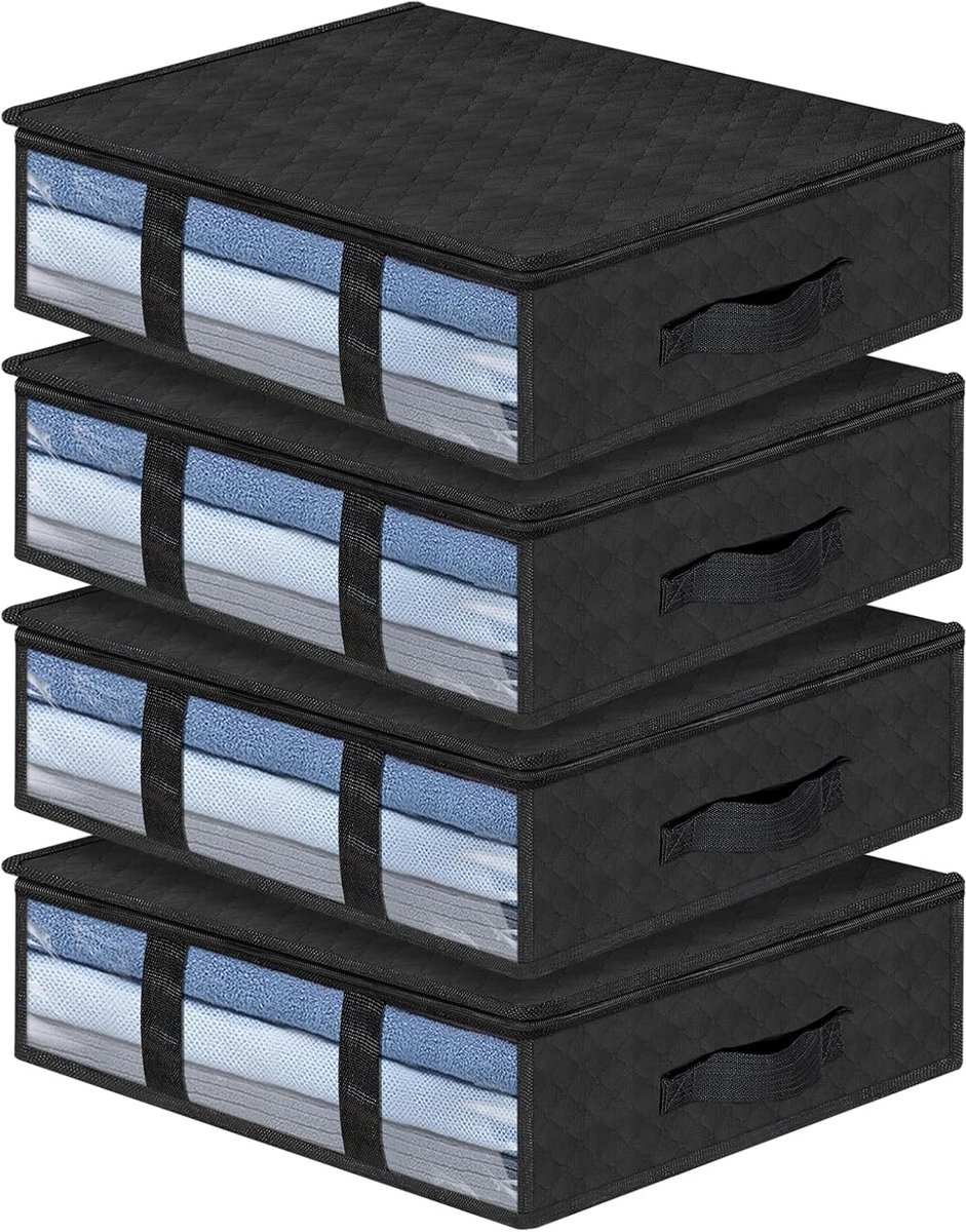 Onderbedcommode, 4 stuks, organizer voor onderbedden, met kijkvenster en handgreep, ruimtebesparend, opvouwbaar, voor kleding, dekens, dekbedden