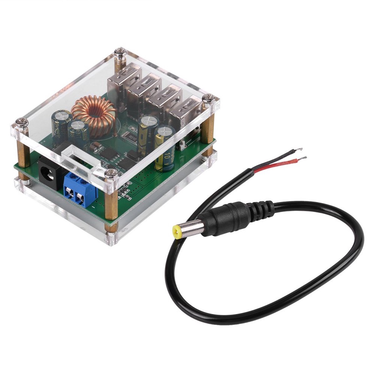 7-60V tot 5V 5A 4USB Output Converter USB 5V Stroomvoorziening Niet-solderen Aansluitingen Step-Down Stroomvoorziening + Behuizing Wordt gebruikt voor mobiele voeding,
