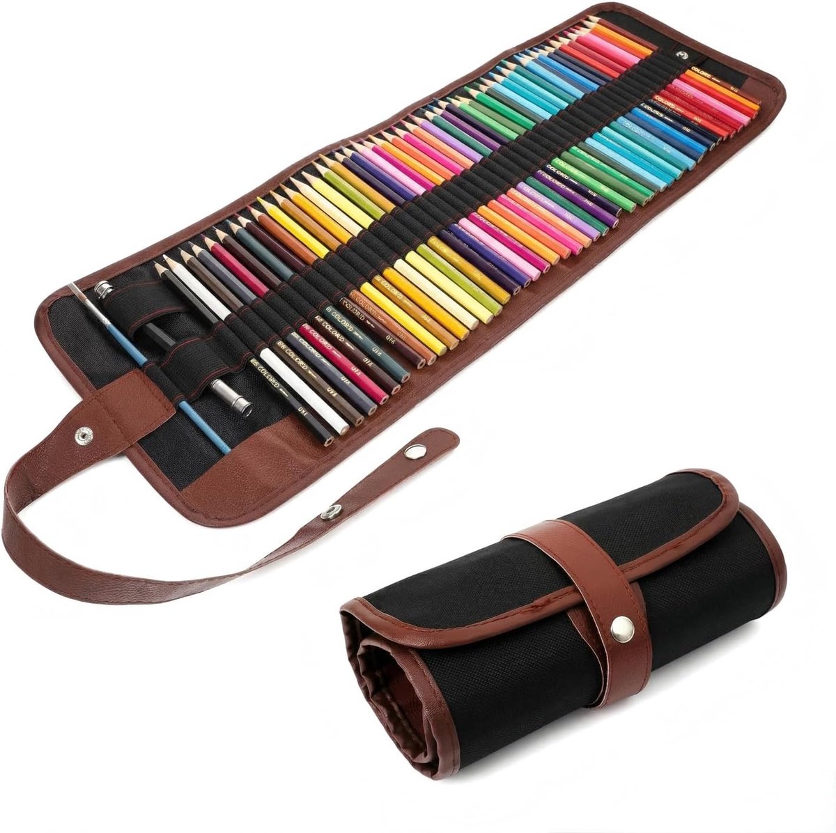 72 gaatjes canvas pennenrol met lederen sluiting, draagbaar etui voor kleurpotloden, markers, penselen, make-up pennen