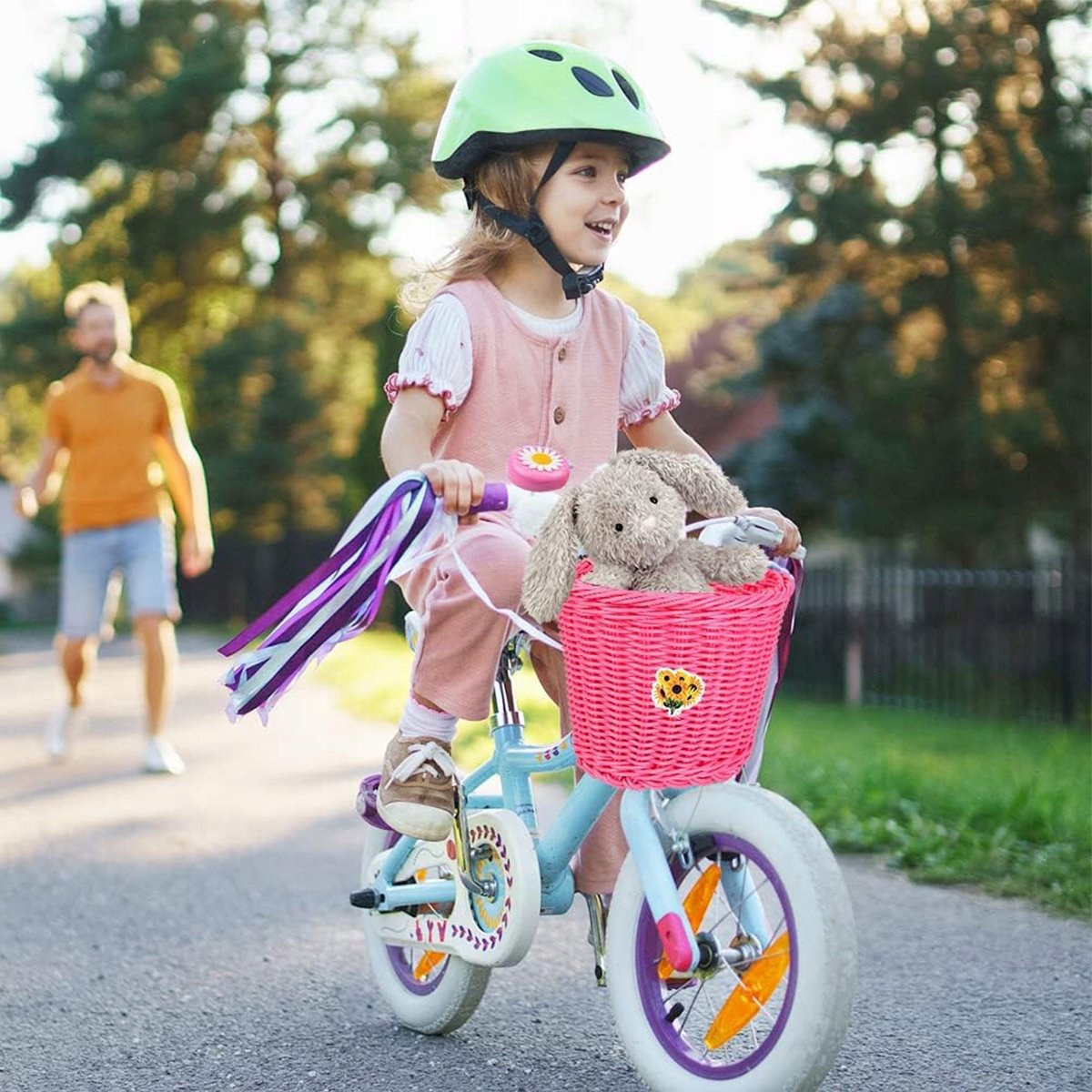 Kinderfietsmand Rotan met Bel & Decoratieve Ringen - Roze