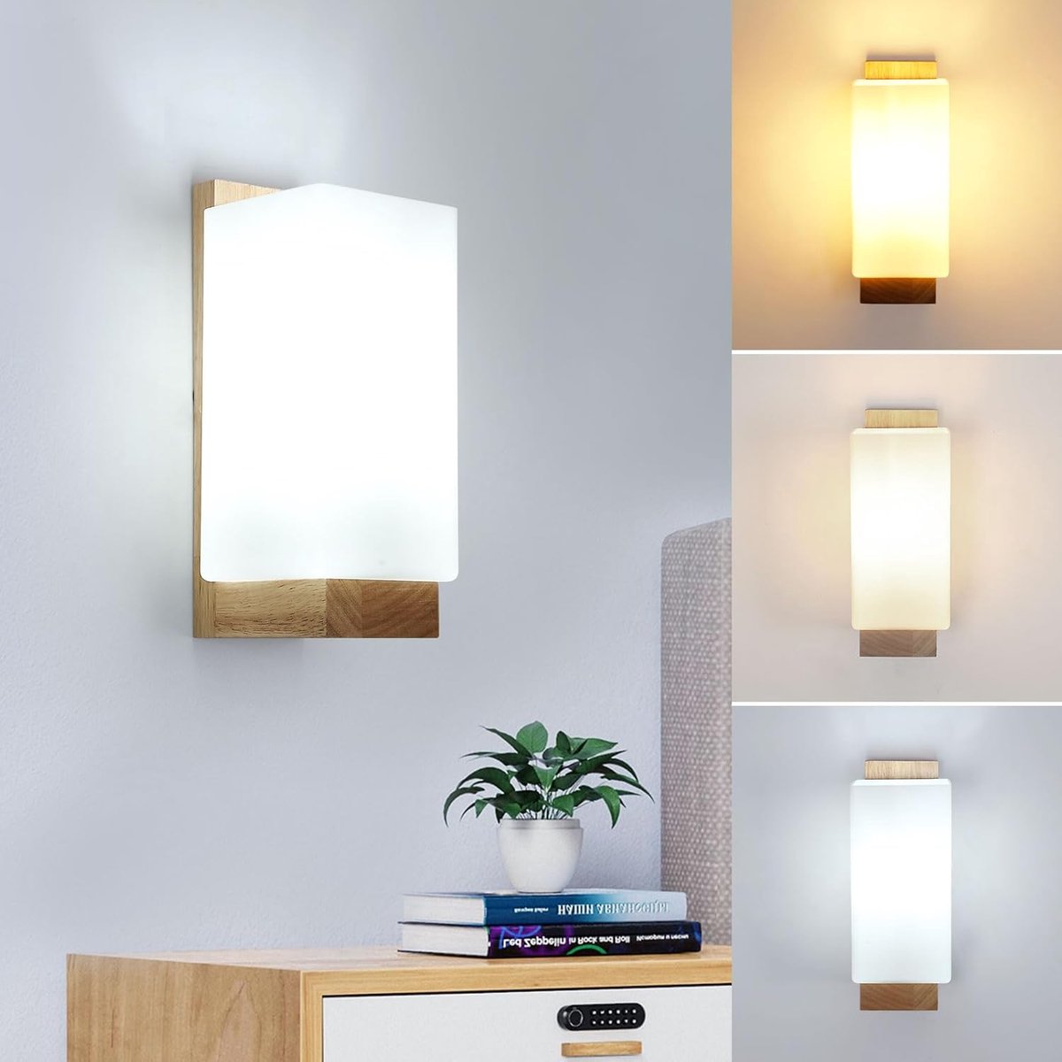 Riserva LED Wandlamp retro rechthoekig houtkleur‑wit, langwerpige glazen kap, 15W driekleuren 3000/4500/6500K E27, voor trap, gang, balkon, zolder