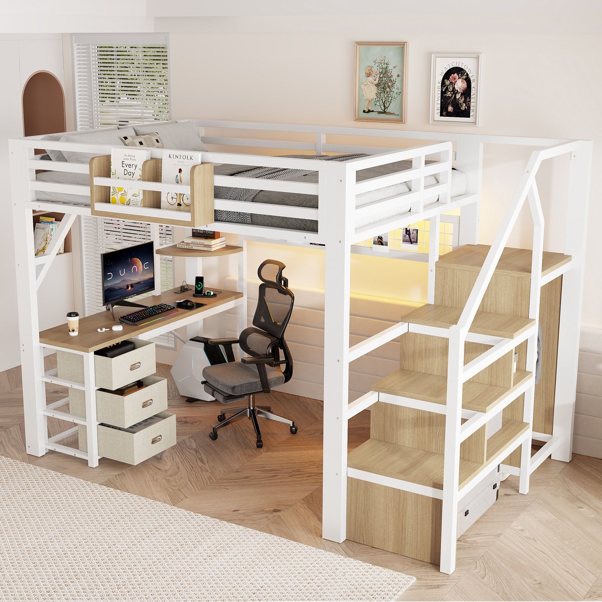 140x200cm hoogslaper met bureau - 3 laden - opbergvakken en kast - LED-verlichting - wit