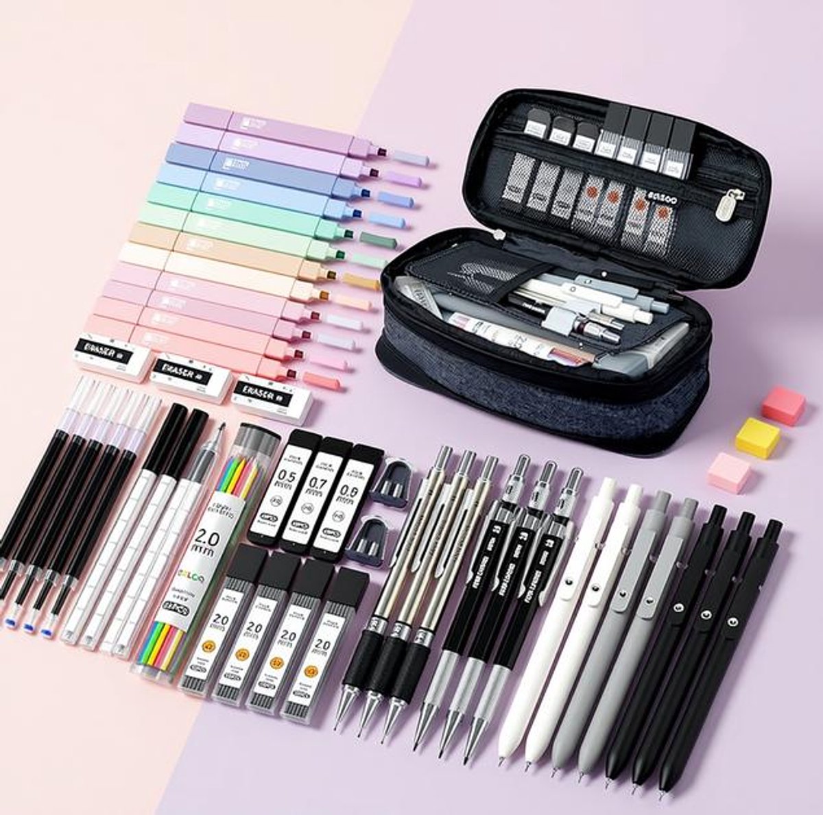 Schoolspullen Set 45-delig met Pennenmap, Pastel Markeerstiften, Gelpennen en Vulpotloden - Kantoor & School