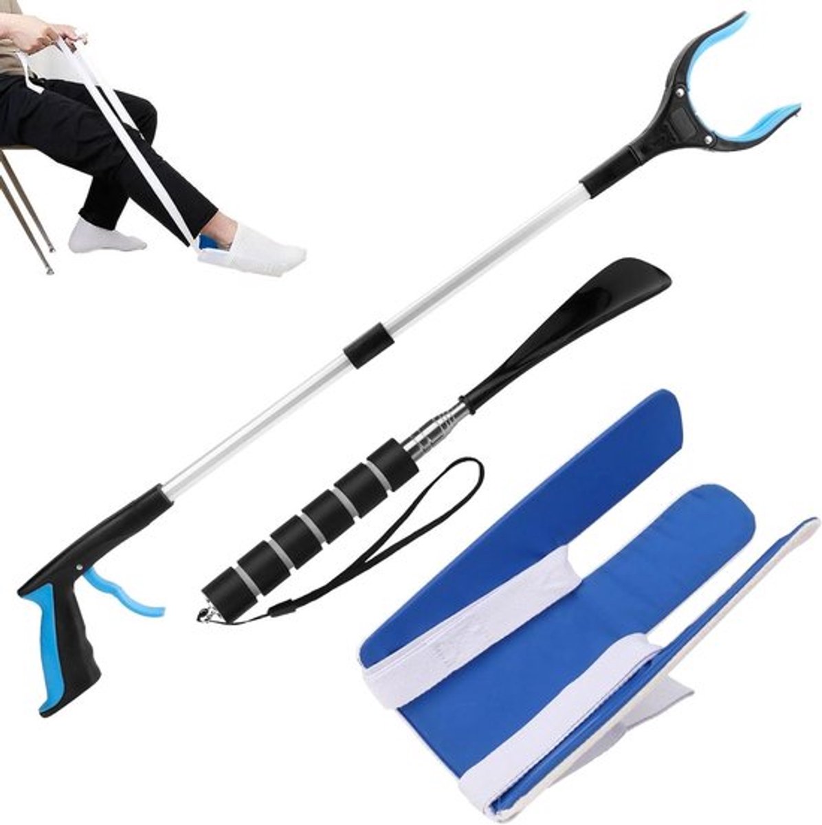 Sokken aantrekhulp set voor senioren en zwangere vrouwen - intrekbare schoenlepel, telescopische tang - aantrekhulp voor gehandicapten - handige jurkhulp