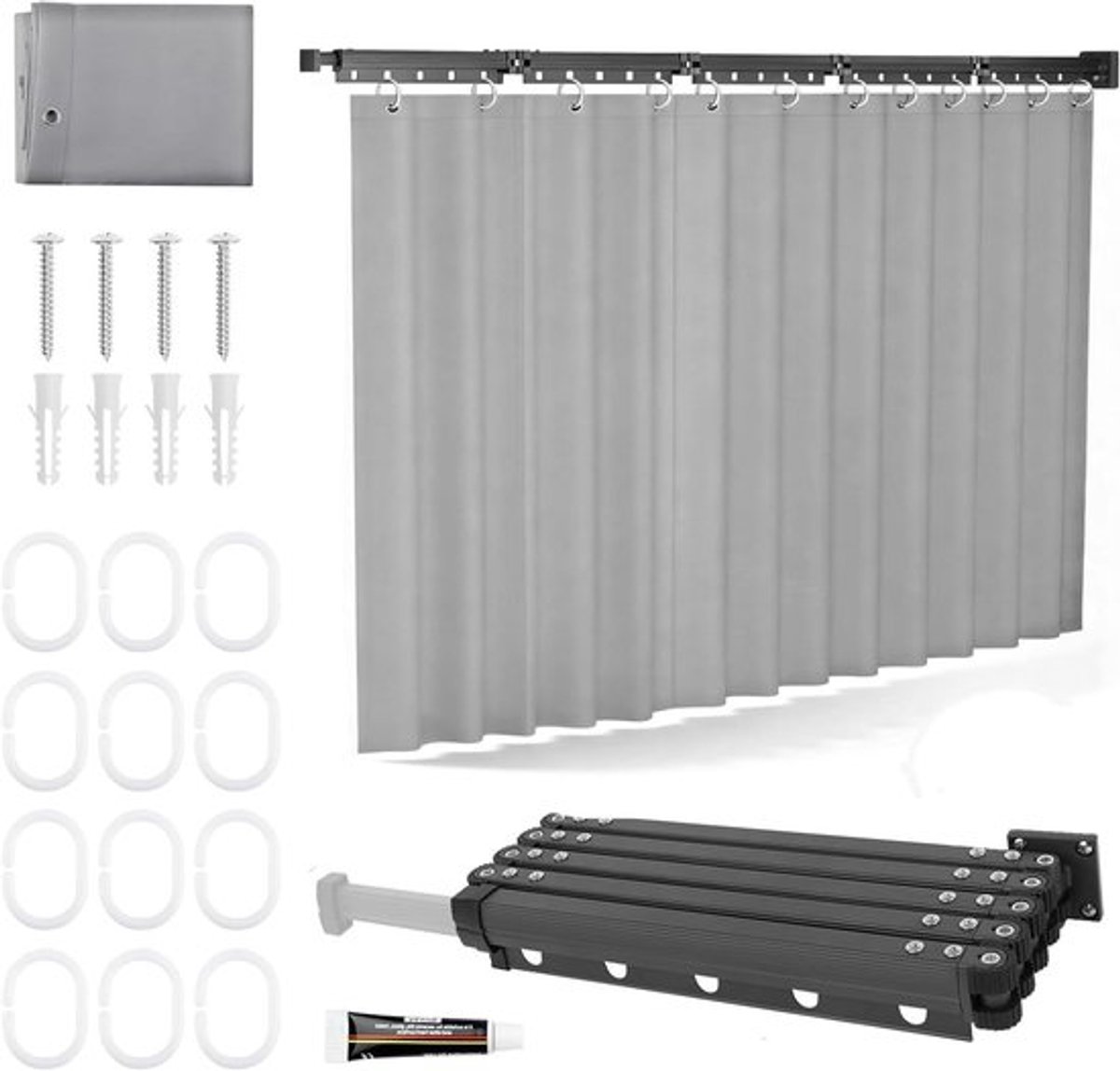 Inklapbare douchegordijnset 180x200 cm - Douchegordijn - Metalen gordijnroede - Badkamer accessoire - Montage flexibiliteit - Camper inrichting