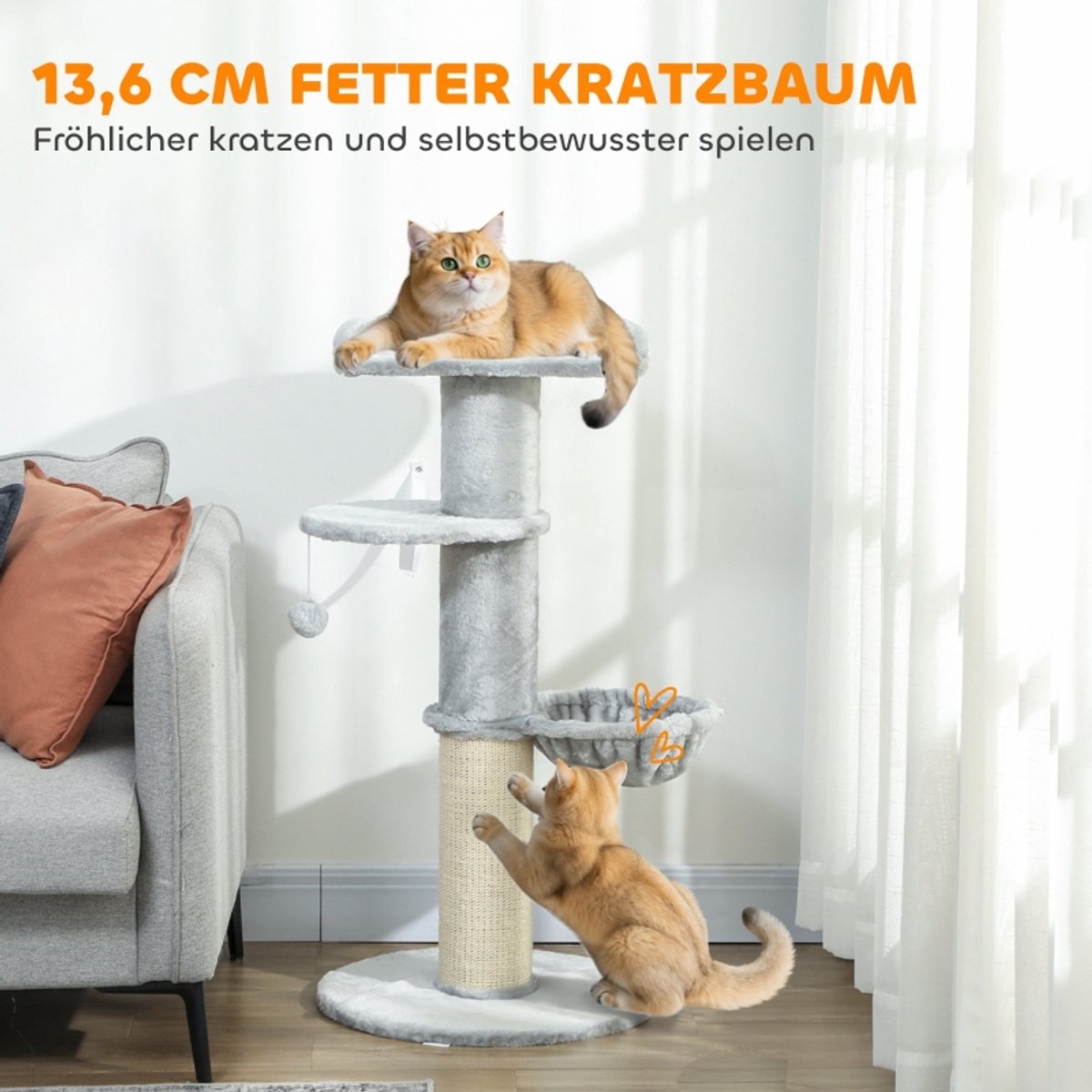 DESMIU Krabpaal - Meervoudige Speel- En Rustplek - 48 X 48 X 103,5 Cm - Polyester En Sisal - Lichtgrijs - Met Hangmat En Speelbal