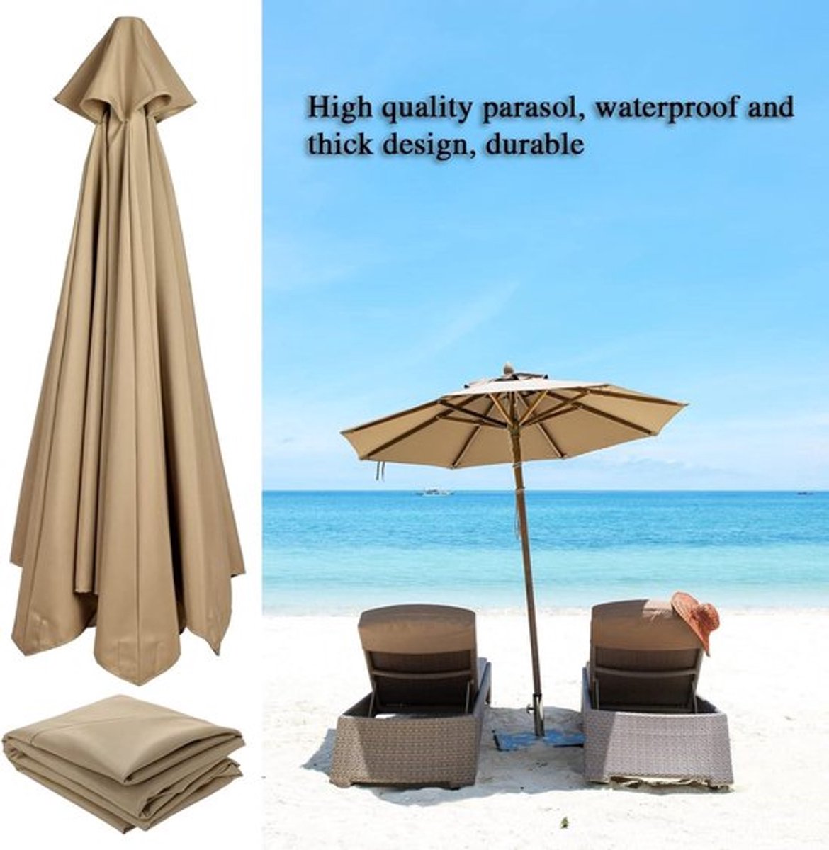 Patio Paraplu Vervangende Luifel voor Markttafel - Waterdichte Parasol Stof - Tuin en Zwembad - 9ft, Bruin.