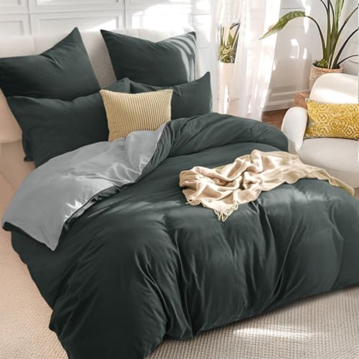 Nazik Living Dekbedovertrek 3-delig 220 x 240 cm, Omkeerbaar Antracietgrijs/Lichtgrijs, Microvezel met Ritssluiting, Strijkvrij & Wasbaar op 60°C