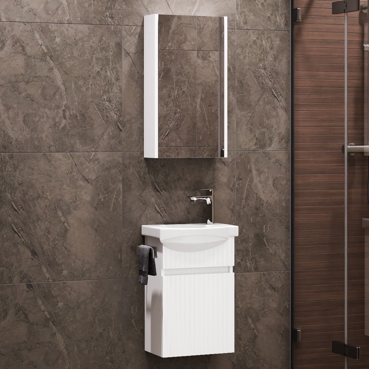 Planetmöbel WEGA - Badkamermeubelset 40 cm - Wit mat - Met spiegelkast - Grieploos