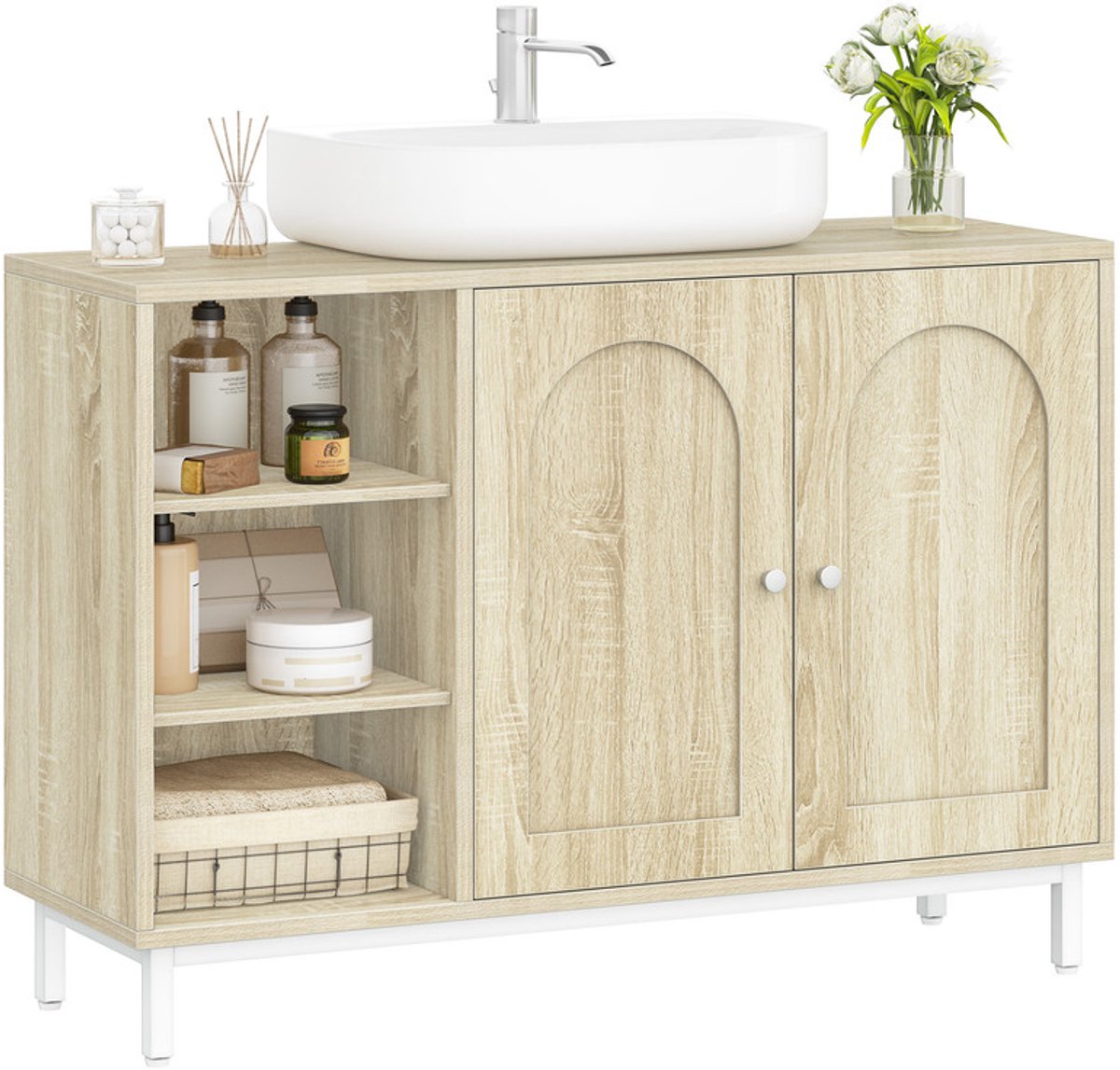 Hzuaneri Wastafelmeubel, Badkamermeubel, Onderkast, Extra Lang, met Open Vakken en 2 Deuren, Verstelbare Plank, Vrijstaand, Voor Badkamer, Licht eiken 30 x 90 x 63 cm