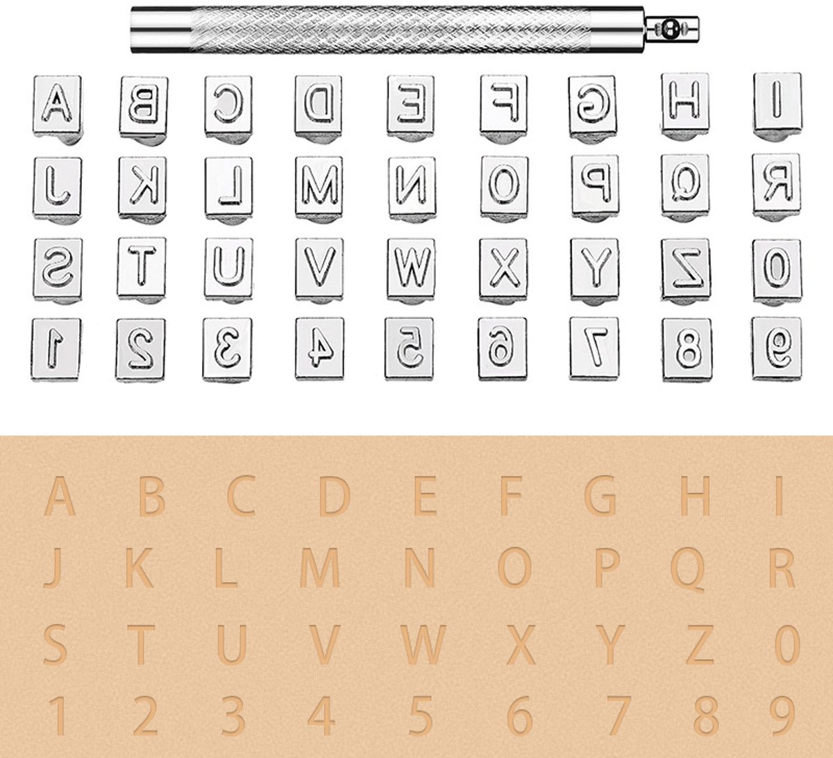 Lederstempelset - 37-delige robuuste stalen alfabet en cijferponsset met handvat 6 mm metalen letterstempels voor lederbewerkingsprojecten