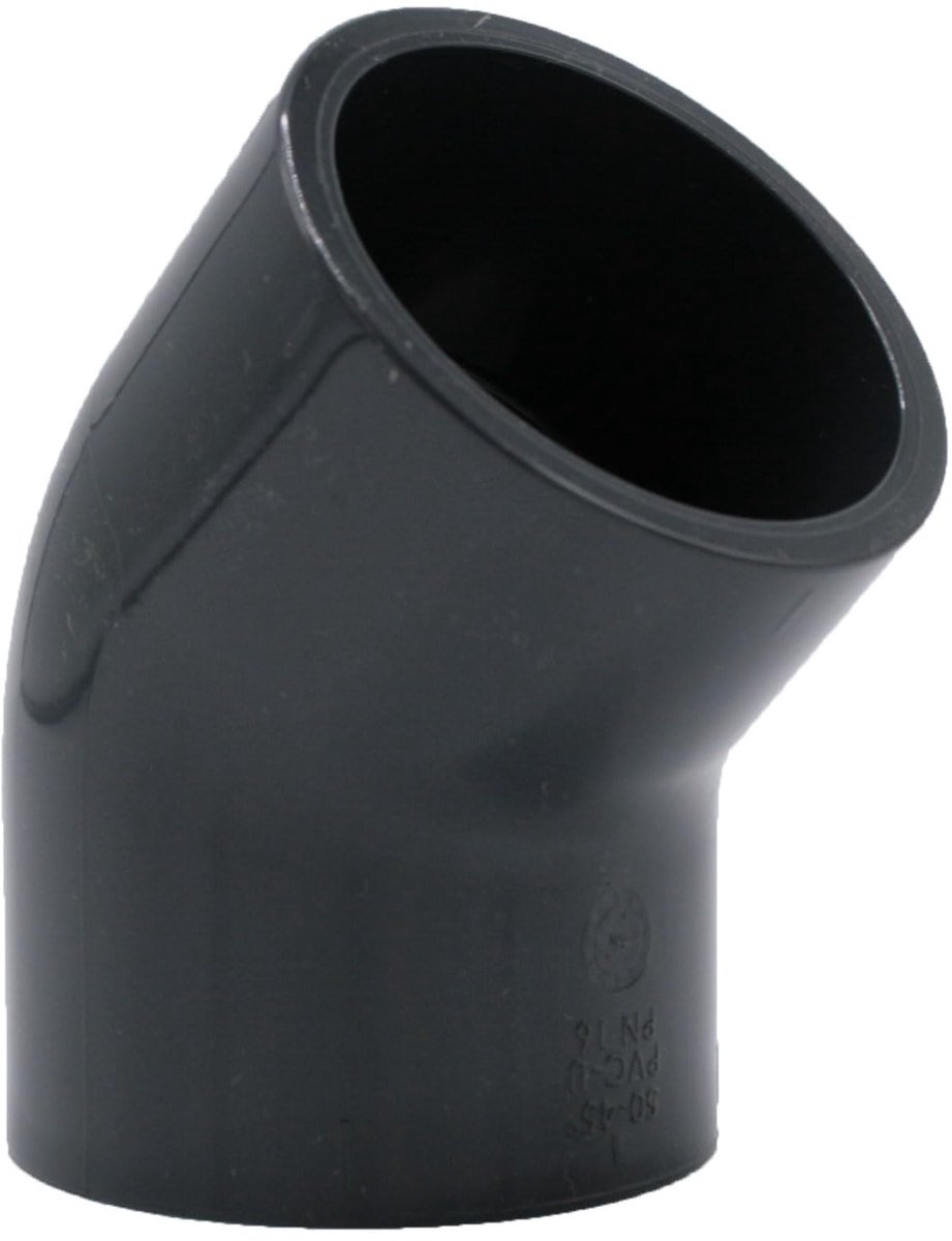 Bocht 50 mm 45° PN16 Lijm Grijs - bm071 | PVC-U koppeling 50 mm met 2 mofaansluitingen, ideaal voor zwembad, vijver, irrigatie, aquarium en afvoer.