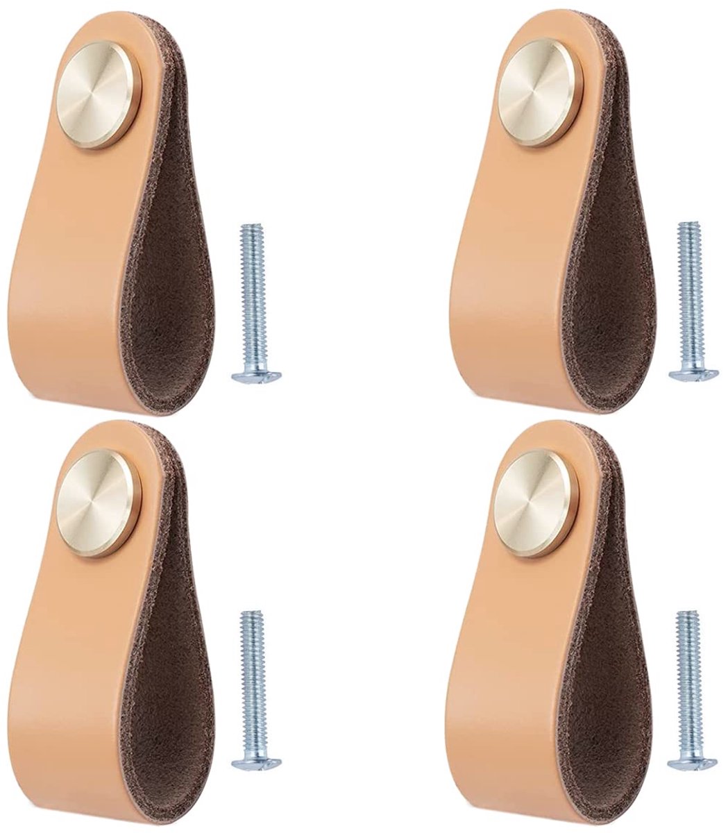 4 stuks lederen handgrepen voor meubels, kastgrepen van leer, ladeknoppen voor kasten, decoratieve knoppen voor hangende meubels