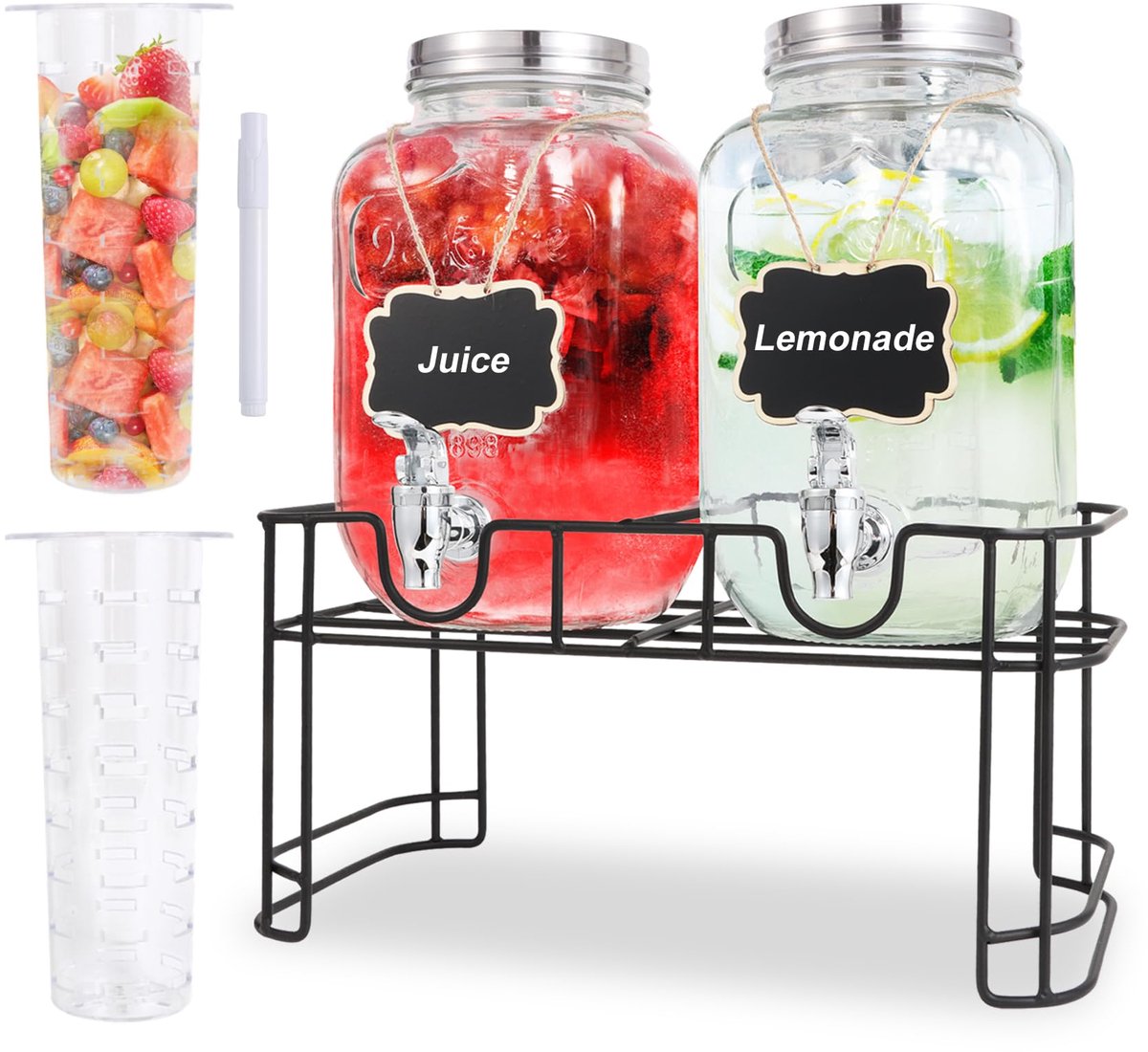 Drankdispenser met kraan, 2 x 4 liter drankdispenser met fruitinfuser en standaard, waterdispenser met kraan voor barbecue, picknick, feest, drankdispenser, wasmiddeldispenser