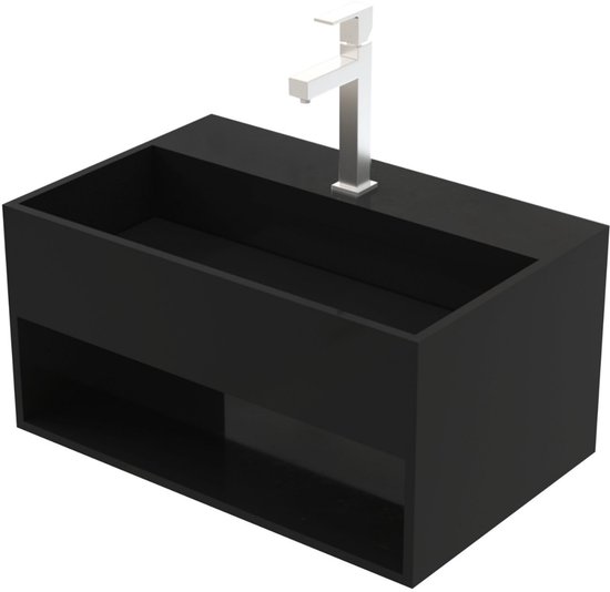 Matzwarte wastafel van 50x32,4x25 cm met een strak design en een chromen kraan.