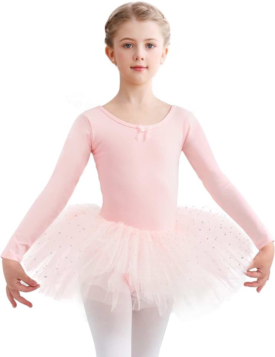Balletkleding voor meisjes, met lange mouwen, balletkleding, balletshirt met rok, katoen, balletpak, balletjurk, tutu, dansjurk, roze, 120 cm