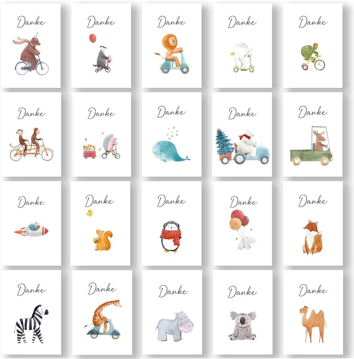 24 Dankeskarten, Danke Karte mit 24 Tierzeichnungen auf der Vorderseite, professionelle leere Grußkarten mit Umschlägen für Abschied der Kollegen Konfirmation Hochzeit Weihnachten Babyparty