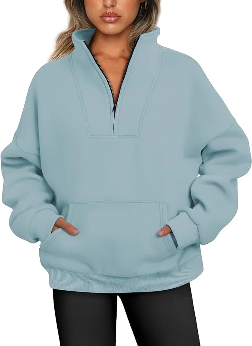 Damestrui met halve rits, met fleece gevoerd, herfst, ritssluiting, opstaande kraag, oversized sweatshirt zonder capuchon