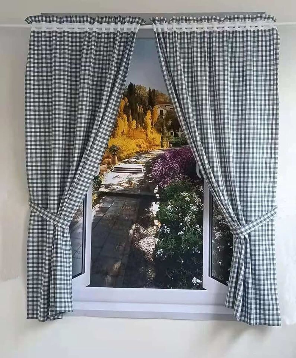 Gordijnen met Geruit Patroon Landhuisstijl Karo-maat 1x1cm Woonkamer Gordijnschals met Embrasses (HxB 120x80cm, blauw) 2 Stuks