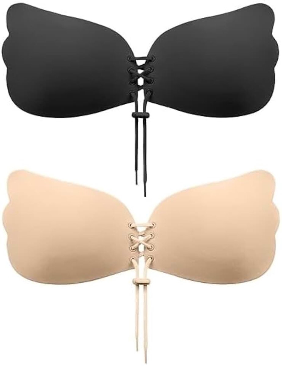 Super Sticky Push Up BH's, 2 Pack Trekkoord Strapless Backless Borst Lift Bras voor Vrouwen Trouwjurken Herbruikbare