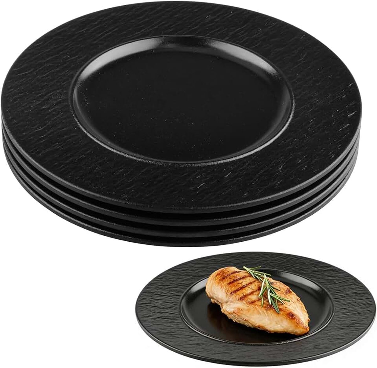 Set van 4 platte borden, zwart, herbruikbare taartborden, eetborden van melamine saladeborden voor barbecue, ontbijt, lunch, koffie en diner