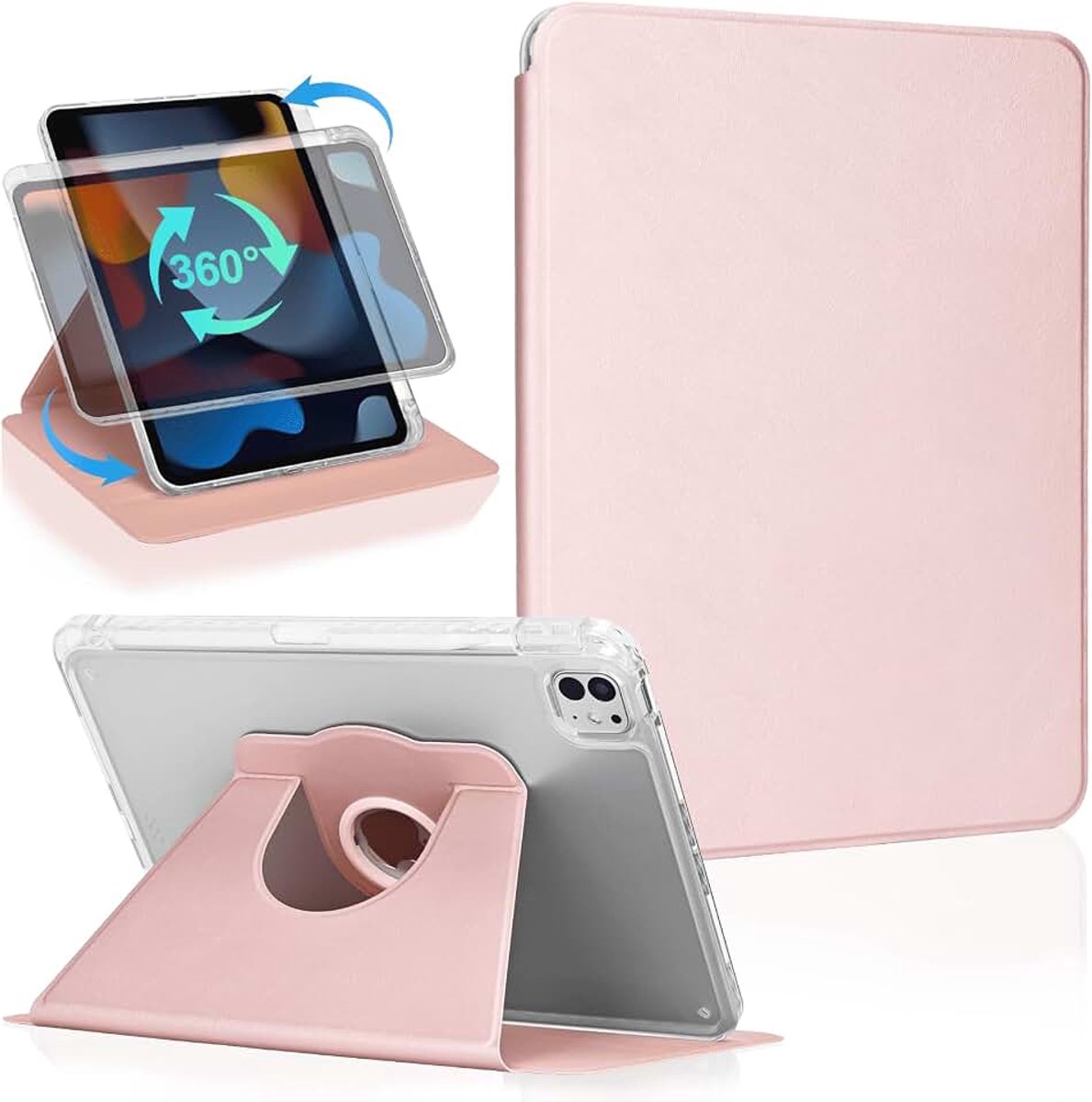 Roterende hoes voor iPad Pro 11-inch M5/M4 2025/2024 6e/5e generatie met potloodhouder, 361 draaibare draaibare standaard beschermhoes, transparant harde achterkant shell rose goud