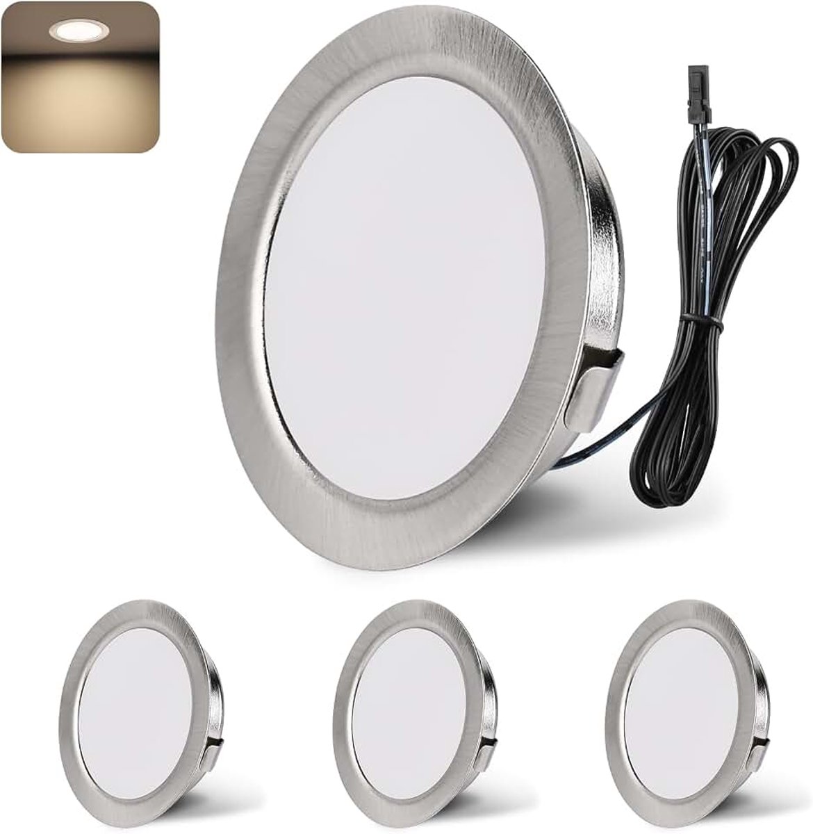 Inbouwspot LED 12V 4000K neutraal wit LED spot dimbaar 3W LED inbouwspots 55-58mm gatmaat inbouwverlichting voor camper, keuken, kledingkast aluminium nikkel 4-delige set
