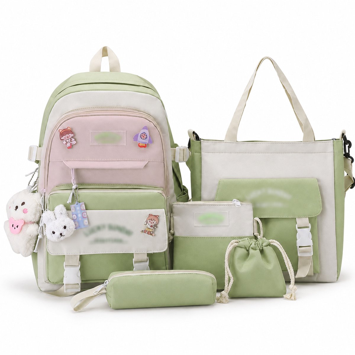Schooltas Set - 5 Delig Kawaii Rugzak - met Lunchtas, Pennenzak en Accessoires - voor Tiener Meisjes - Groen