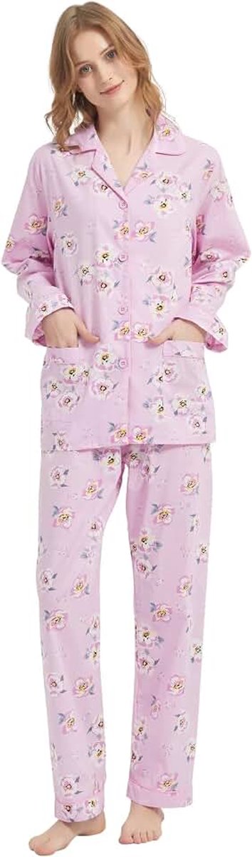 Tweedelige pyjamaset voor dames, katoen, nachtkleding, lange mouwen, pyjamabroek, pyjamaset voor op de bank