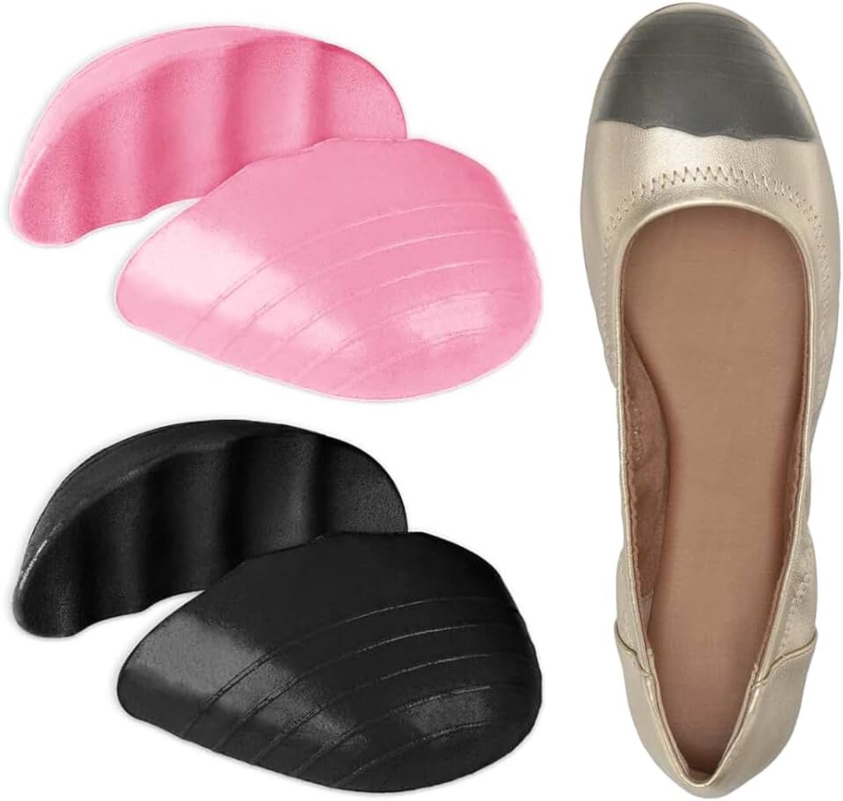 Comfort Insoles, Twee verstelbare herbruikbare uniseks teenkussens verlichten pijn in de voet. Geschikt voor hoge hakken, platte schoenen, sportkleding en vrijetijdsschoenen (zwart, roze)