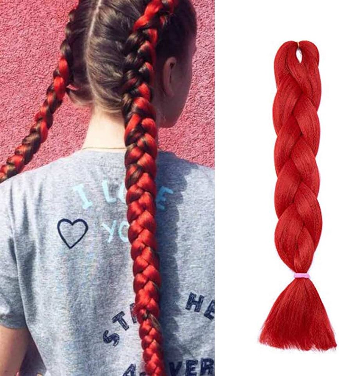 Haarextensies, vlechten, haarextensies, gehaakt haar, kunsthaar, kanekalon, kleurrijk, rood, 1 stuks, 60 cm