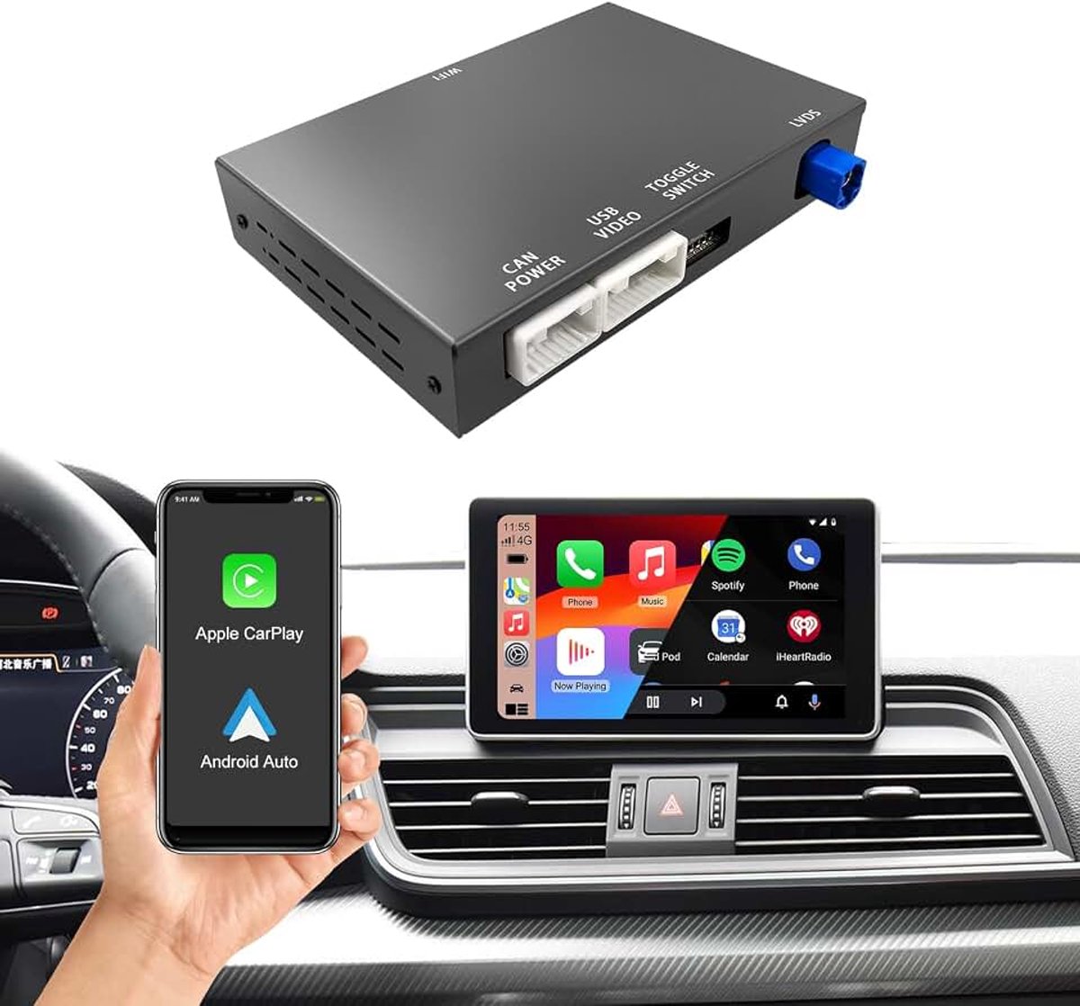 Retrofit kit decoder voor Audi A4 A5 A6 A7 Q2L Q5L Q7 (2014-2022) met 7"/8.8" scherm MIB/MMI 3G+ display, Wireless CarPlay & Android Auto, ondersteunt MirrorLink en navigatie, plug & play