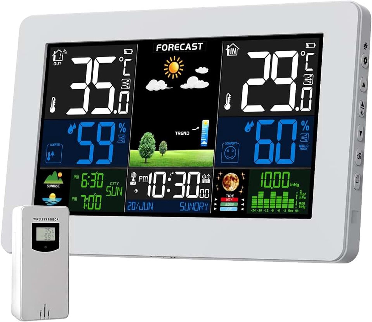 Draadloos Weerstation met Buitensensor, Kleurendisplay, Thermometer Hygrometer met Weersverwachting, DCF Radioklok, Werkt op Batterijen en Netstroom(Wit)