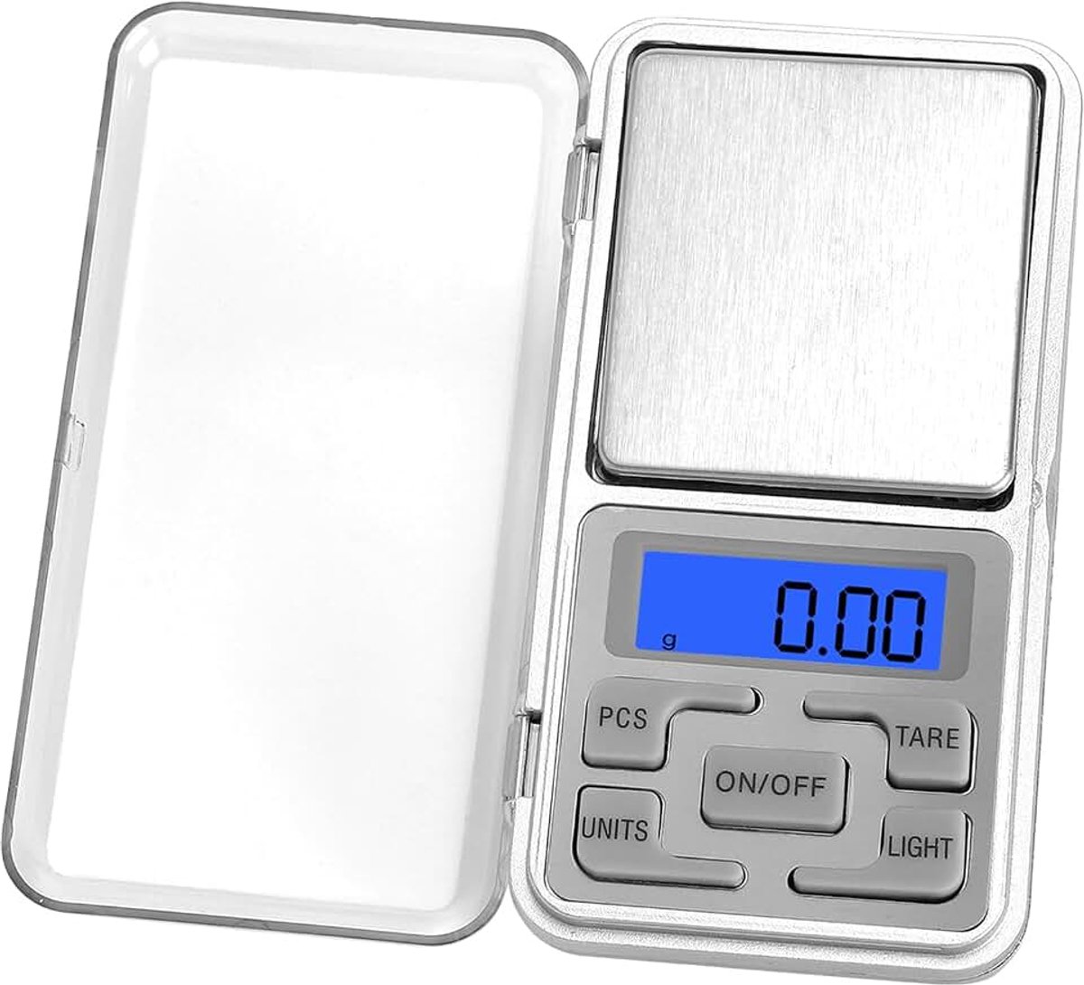 Precisieweegschaal 0,01 g/500 g, zakweegschaal met dienblad, digitale weegschaal, zeer nauwkeurige huishoudweegschaal, levensmiddelenweegschaal, keukenweegschaal, digitaal met lcd-display
