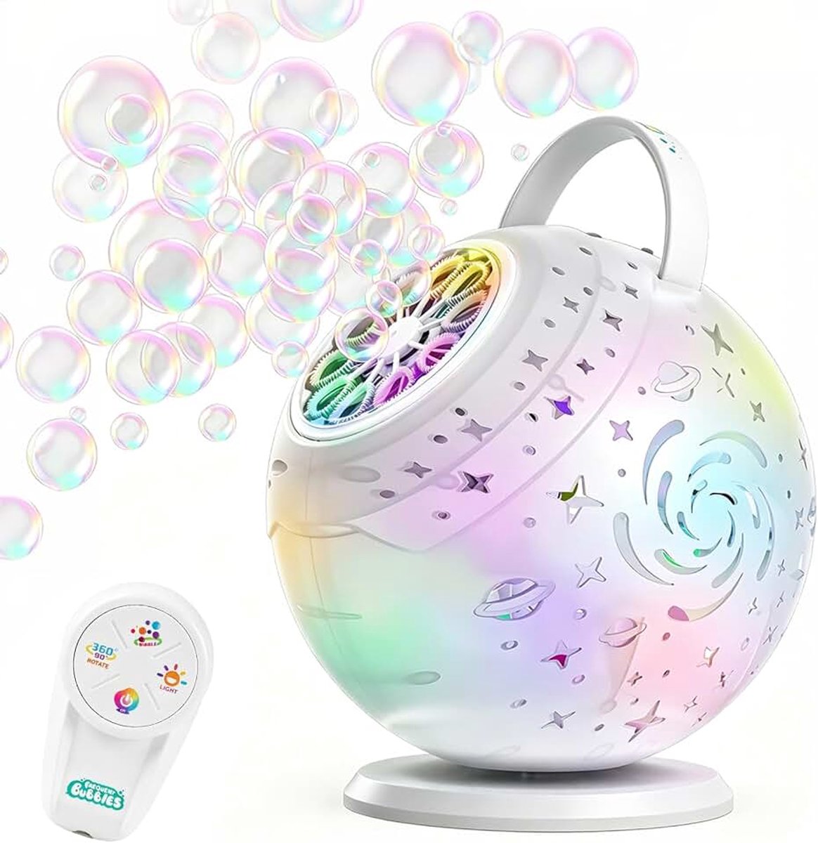 Bellenblaasmachine met afstandsbediening, staande zeepbellenlantaarn, 90°/360° rotatie, zeepbellenmachine met 1200 mAh accu, 7 ledlampen, zeepbellenpistool, perfect voor bruiloft, verjaardag