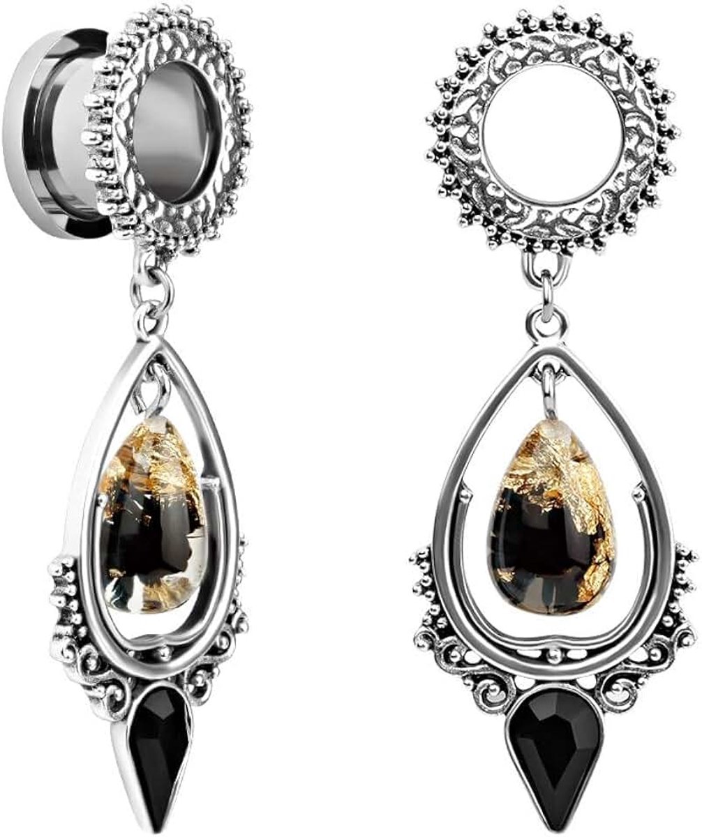 Rvs Teardrop Zwarte Obsidiaan Steen Grote Dangle Bridal Plug Oor Meters Stretching Tapers Schroef Fit Tunnels