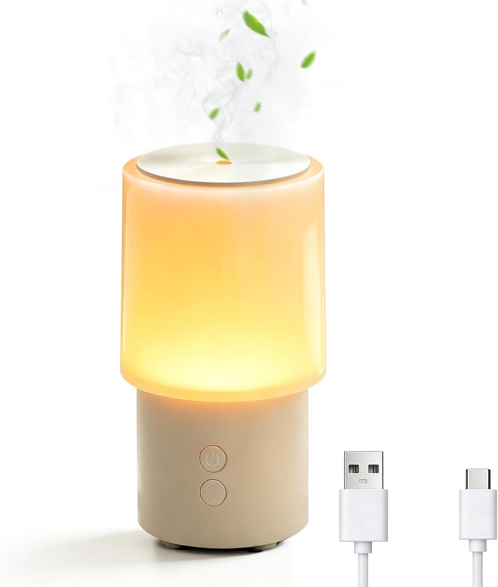 Luchtbevochtiger, 140 ml kleine aromadiffuser met 3 standen, zonsonderganglicht en automatische uitschakeling, USB-voeding, ultrasone koudwatervernevelaar voor thuis, slaapkamer, kantoor en auto (wit)