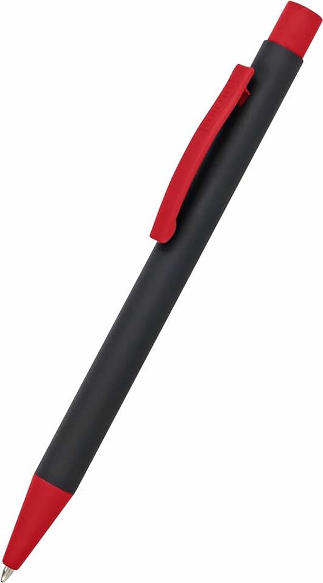 Balpen Soft Metal, balpen van aluminium, verwisselbare grote vulling, schrijfkleur zwart, onuitwisbaar, zwart met soft-touch feeling, metalen clip rood