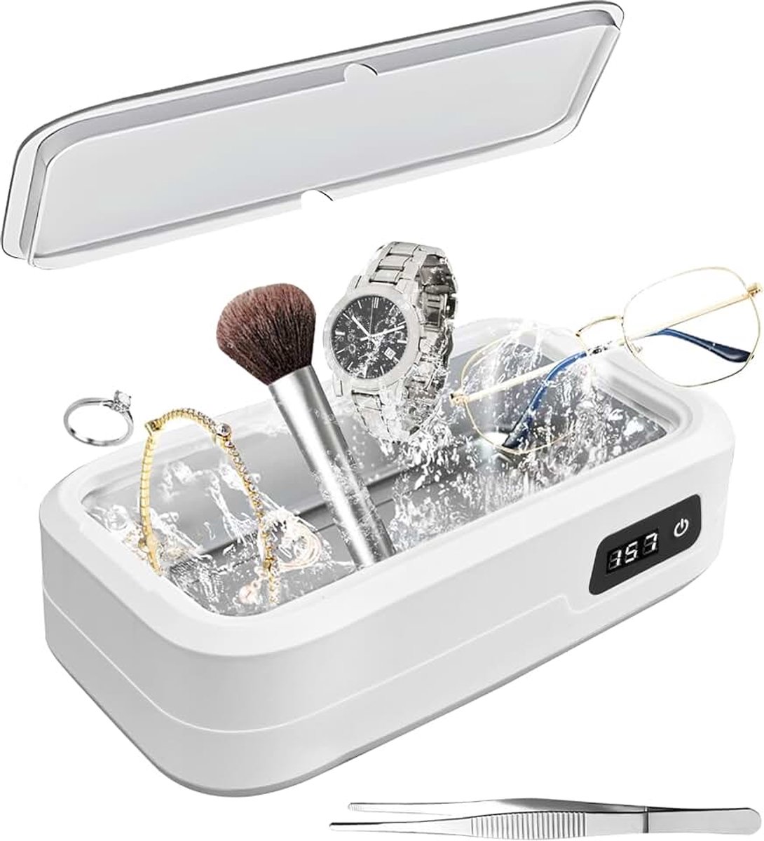 Ultrasoon reinigingsapparaat, ultrasoon reinigingsapparaat, bril, 49 kHz hoogfrequentie, ultrasone reiniger met pincet, praktisch voor sieraden, brillen, munten, scheerkoppen, gebitreiniger (wit licht