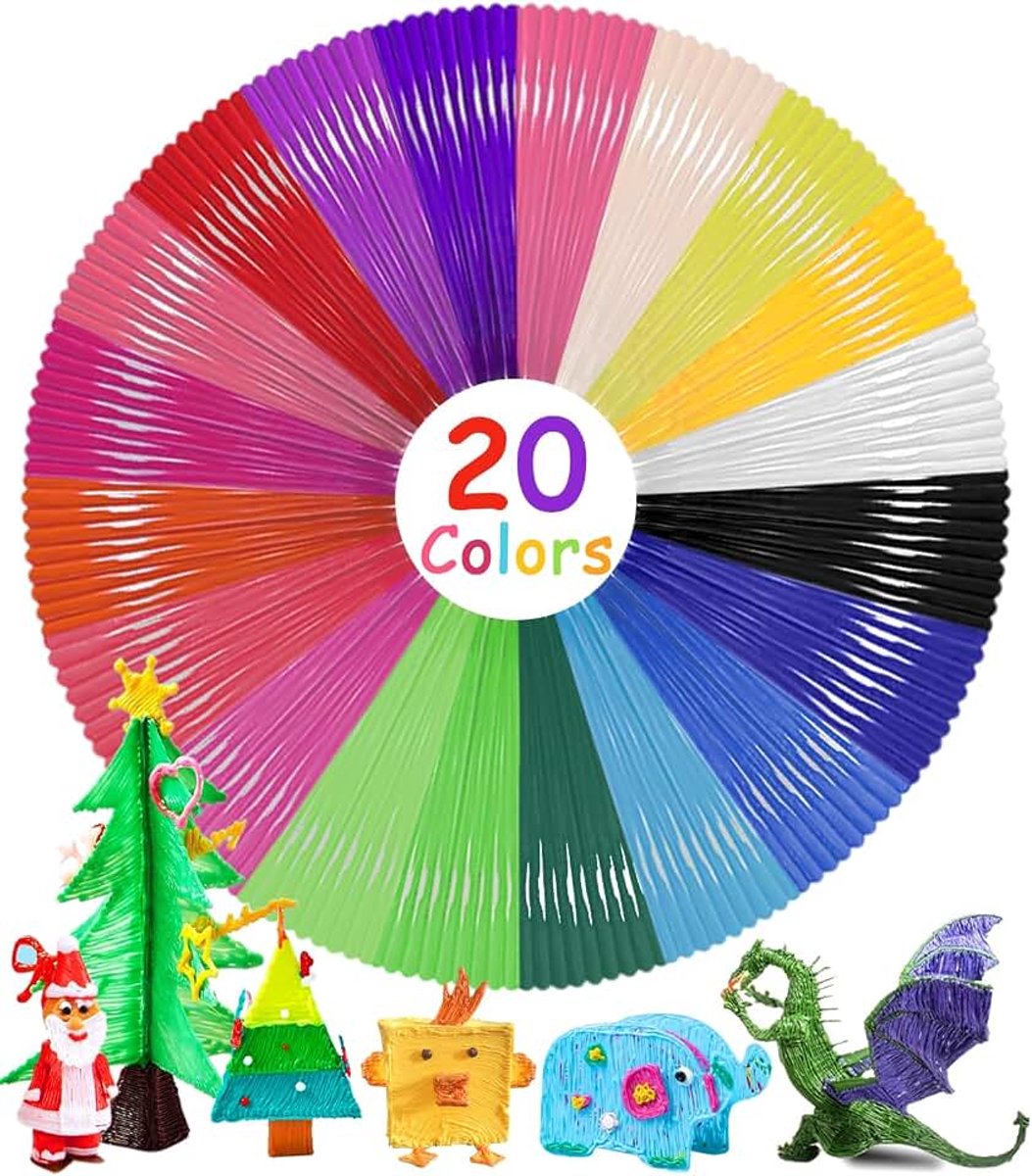 3D-penfilament, 1,75 mm, navulverpakking met 20 kleuren, 200 m, 3D-printmaterialen voor 3D-pen