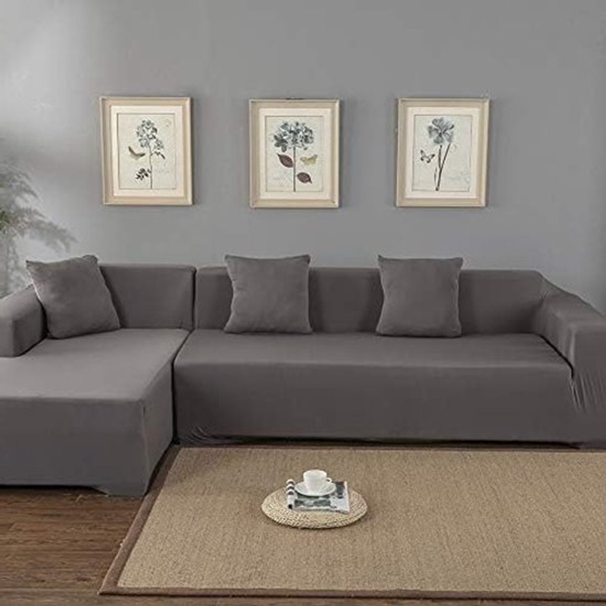 Elastische Hoekbankhoes voor 3 + 2 Zits Sofa met Peninsula, Links/Rechts, Gemakkelijk te Reinigen, Grijs, Geschikt voor L-vormige Banken
