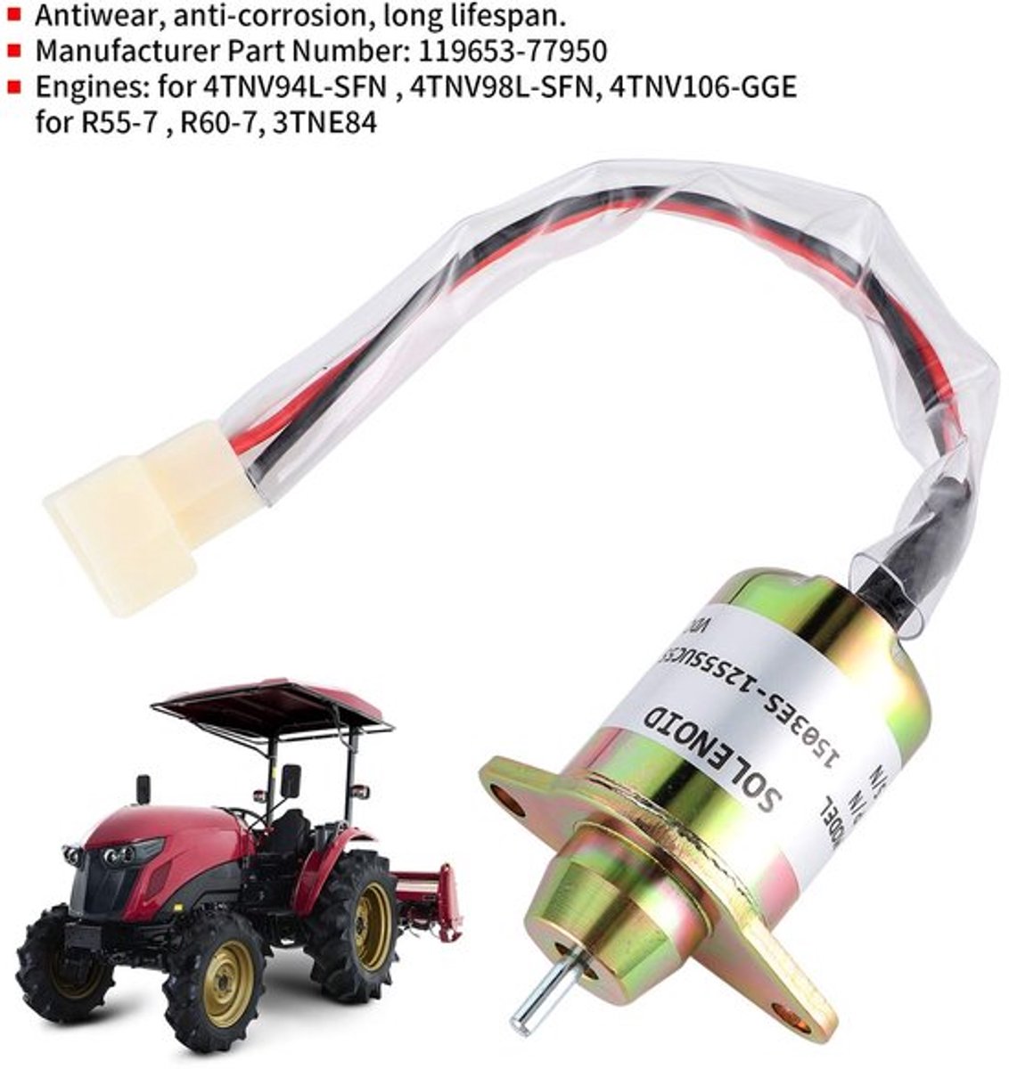 Brandstofafsluitklep 100% Nieuw - Vervangingsonderdeel - Aluminium - 12 Volt - Voor 4TNV94L-SFN - 4TNV98L-SFN - Model 1503ES-12S5SUC5S - Brandstofklep