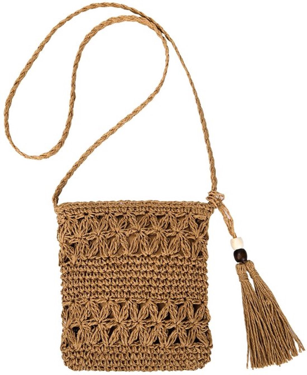 Strotas voor dames, vintage, strandtas met kwastjes, strand, stro, handtas, crossbody tas voor damesreizen en vakantie, #2 Bruin, 27*21*2 cm