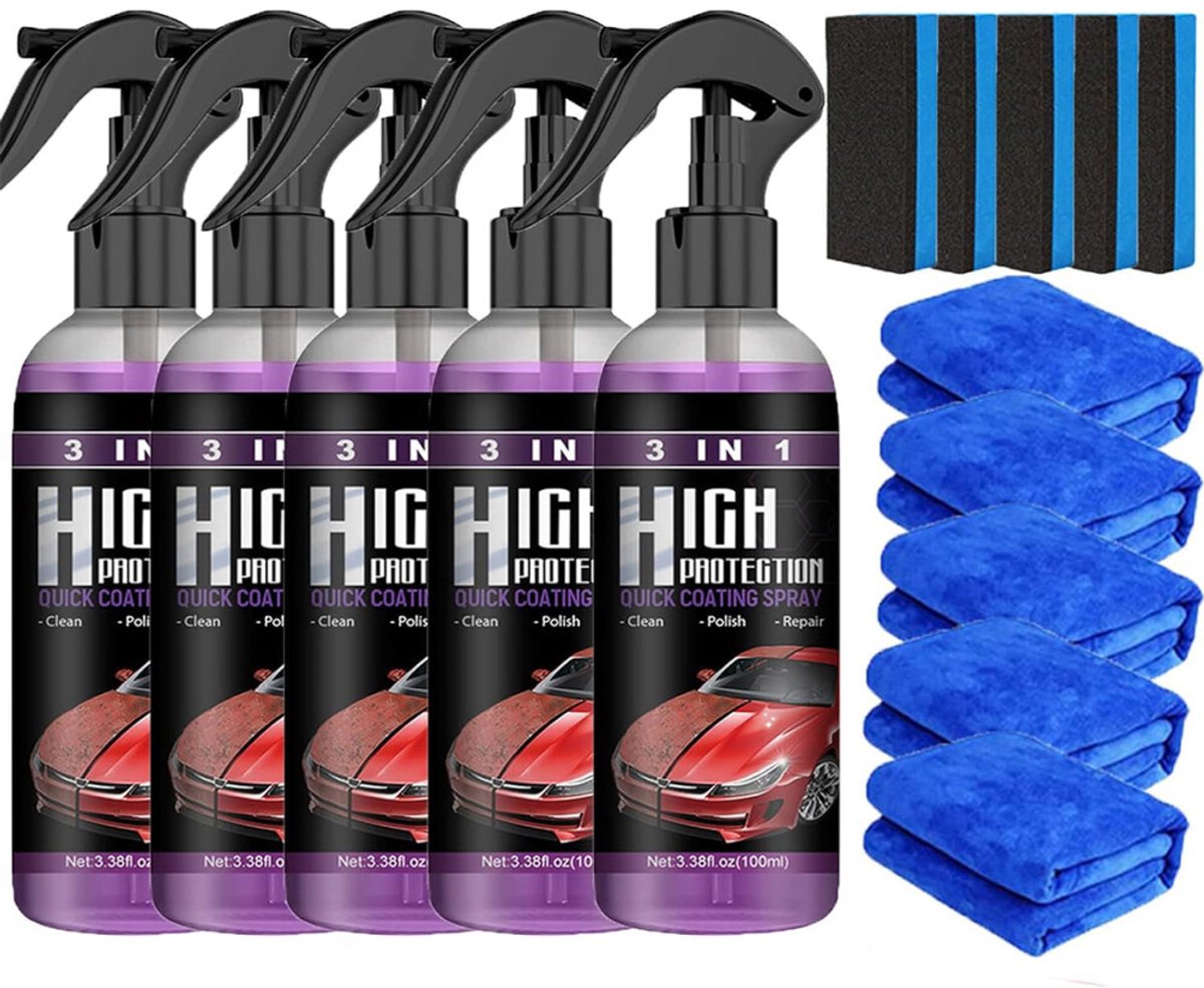 Autocoatingmiddel - 5-pack - 100 ml - Inclusief doek en schuurspons - 3-in-1 keramische coating spray - Autopolish - Reiniging, onderhoud en coating van autolak - Verwijdert olievlekken - Voorkomt krassen - Langdurige bescherming - Autoreiniging