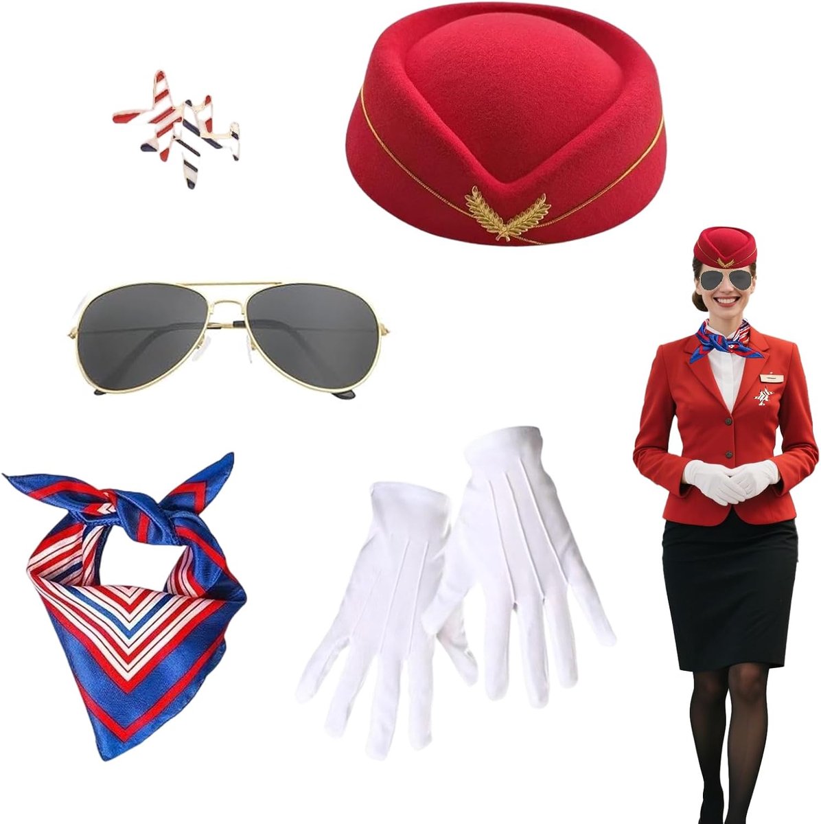 stewardess kostuum accessoires, stewardess kostuum dames, flight atendant, met stewardessenmuts, handschoenen, zonnebril fibels