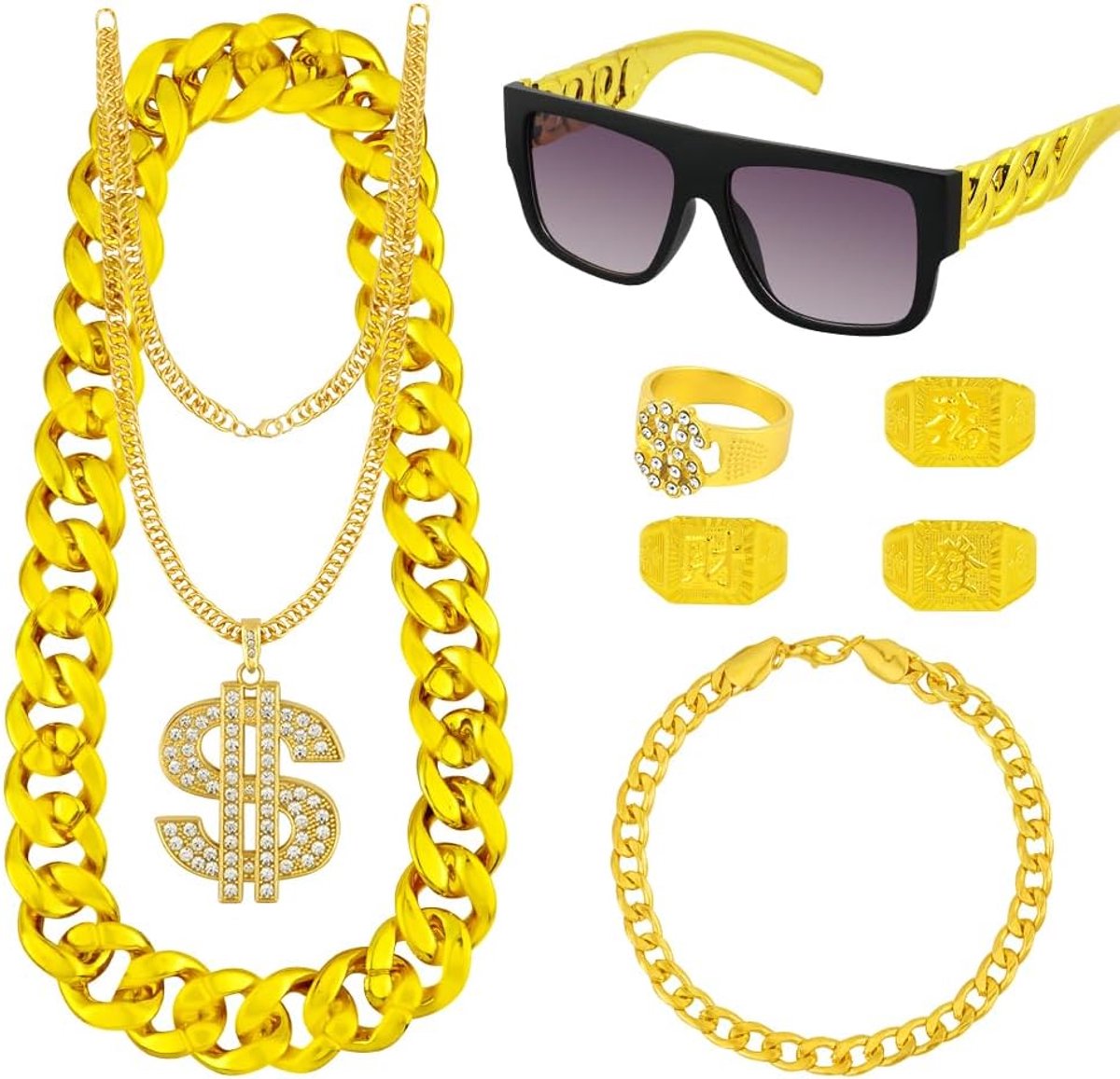 10-delige hiphop-kostuumaccessoireset, jaren 80, '90, rapperaccessoires, hiphop-kostuum, halsketting, dollarring, symbool, zonnebril, gouden set, voor carnaval, Halloween