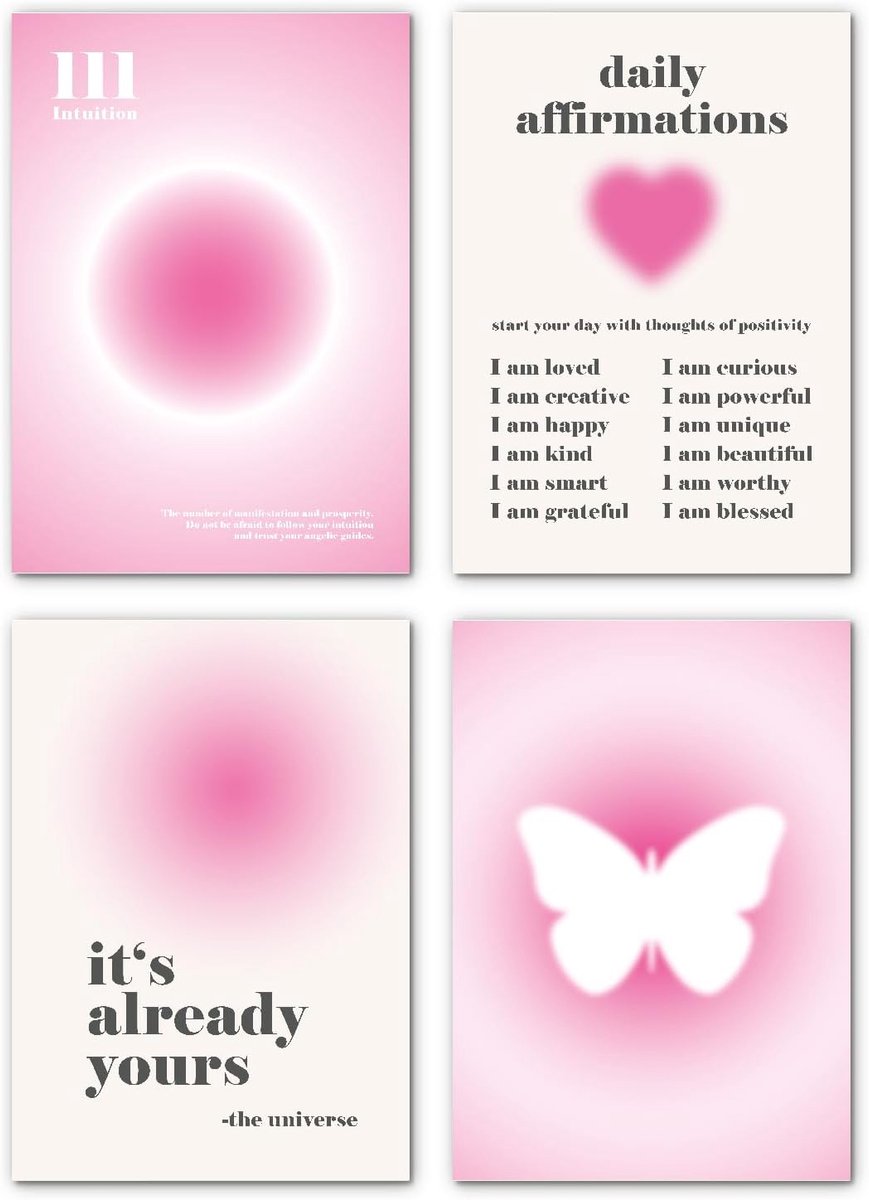 SnelShoppen - Aesthetic Pictures Aura Decoratieve Poster Set van 4 (21 x 30 cm) zonder lijst, Roze Wanddecoratie voor Meisjes Slaapkamer en Woonkamer,