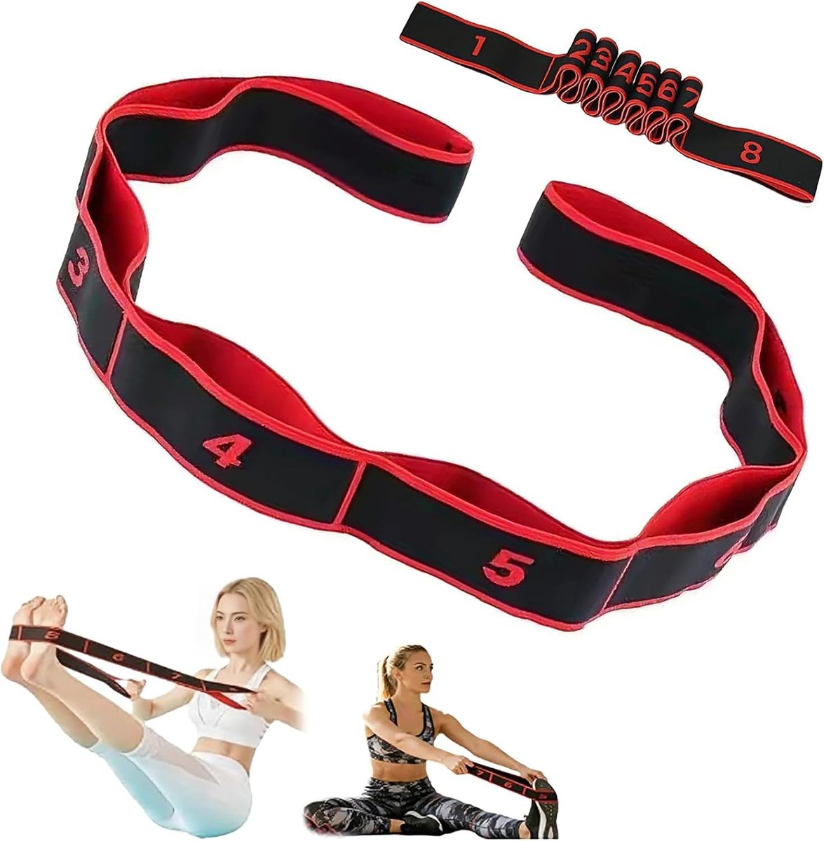 elastische weerstandsbanden, yoga stretchband, fitnessbanden met 8 vaste lussen voor pilates, fitness, stretching, training, dans, rood